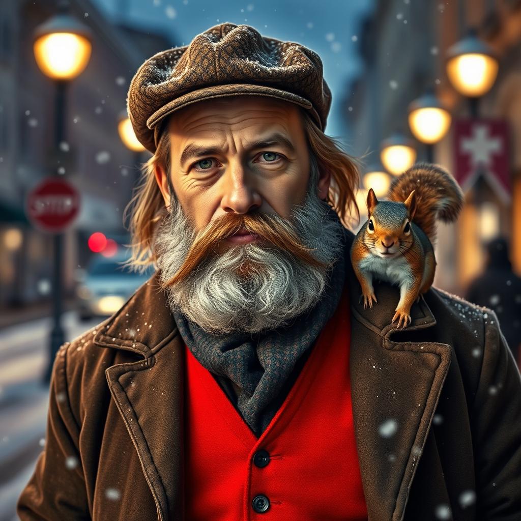 Photorealistic image of a gorgeous bearded and long-haired older Slovenian male model on a snowy night street