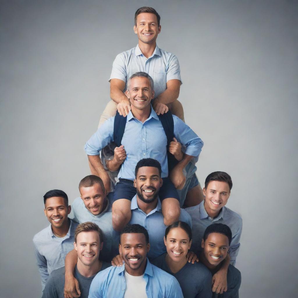 Generate an image of a robust and determined individual carrying a group of people on their shoulders, symbolizing leadership and collective responsibility. The individual stands strong, emphasizing unity and teamwork.