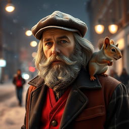 Photorealistic image of a gorgeous bearded and long-haired older Slovenian male model on a snowy night street