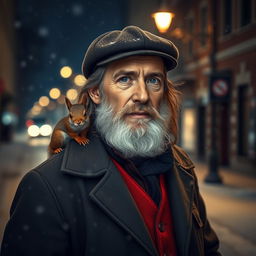 Photorealistic image of a gorgeous bearded and long-haired older Slovenian male model on a snowy night street