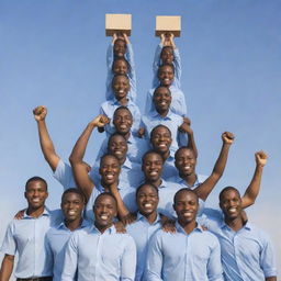 Generate an image of a robust and determined individual carrying a group of people on their shoulders, symbolizing leadership and collective responsibility. The individual stands strong, emphasizing unity and teamwork.