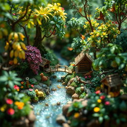 A tiny, intricately detailed world resembling a vibrant and lush forest, filled with miniature trees, flowers, and animals