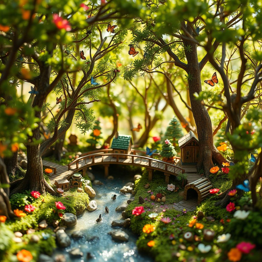 A tiny, intricately detailed world resembling a vibrant and lush forest, filled with miniature trees, flowers, and animals