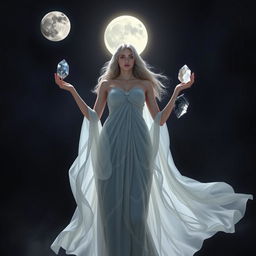 Goddess Selene, the embodiment of the moon, stands in a mystical night scene, gracefully holding Moonstone, Labradorite, Clear Quartz, and Black Obsidian