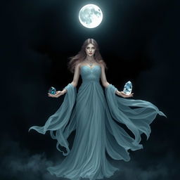 Goddess Selene, the embodiment of the moon, stands in a mystical night scene, gracefully holding Moonstone, Labradorite, Clear Quartz, and Black Obsidian