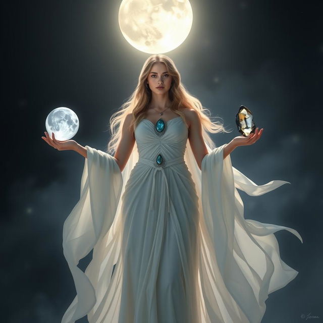 Goddess Selene, the embodiment of the moon, stands in a mystical night scene, gracefully holding Moonstone, Labradorite, Clear Quartz, and Black Obsidian