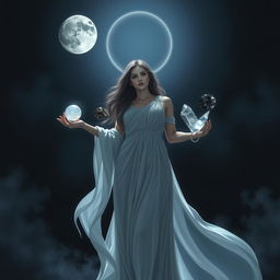 Goddess Selene, the embodiment of the moon, stands in a mystical night scene, gracefully holding Moonstone, Labradorite, Clear Quartz, and Black Obsidian