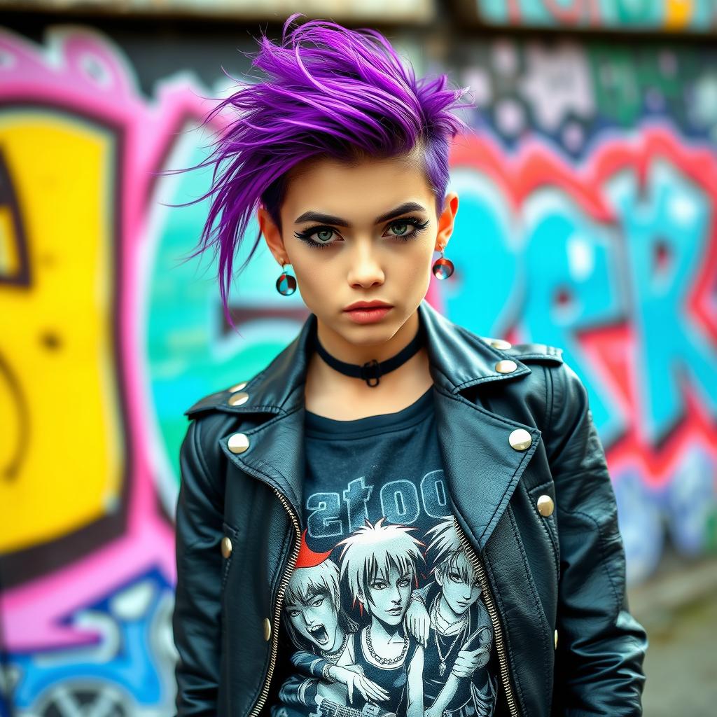 young adult punk rock girl with a unique style, expressive face, vibrant purple hair styled in messy waves, wearing a tough leather jacket adorned with metal studs