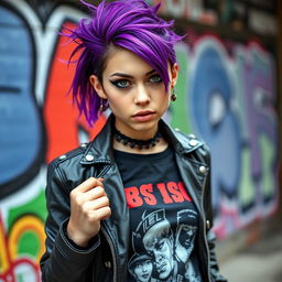 young adult punk rock girl with a unique style, expressive face, vibrant purple hair styled in messy waves, wearing a tough leather jacket adorned with metal studs