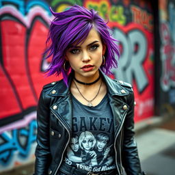 young adult punk rock girl with a unique style, expressive face, vibrant purple hair styled in messy waves, wearing a tough leather jacket adorned with metal studs