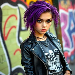 young adult punk rock girl with a unique style, expressive face, vibrant purple hair styled in messy waves, wearing a tough leather jacket adorned with metal studs