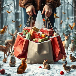 Photorealistic image of shopping bags overflowing with Christmas gifts held in someone's hands