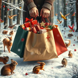 Photorealistic image of shopping bags overflowing with Christmas gifts held in someone's hands