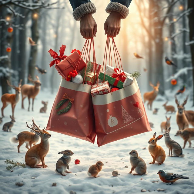 Photorealistic image of shopping bags overflowing with Christmas gifts held in someone's hands