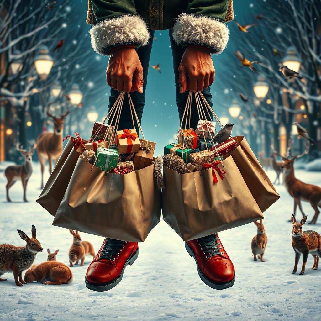 Photorealistic image of shopping bags overflowing with Christmas gifts held in someone's hands who wears Santa's shoes