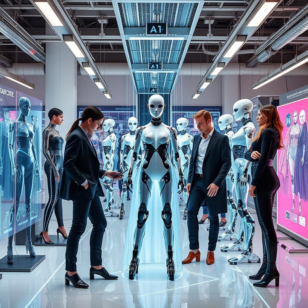 a futuristic fashion design studio with AI-powered tools and robotic mannequins, showcasing a diverse collection of high-tech garments and accessories being created in real-time