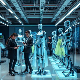 a futuristic fashion design studio with AI-powered tools and robotic mannequins, showcasing a diverse collection of high-tech garments and accessories being created in real-time