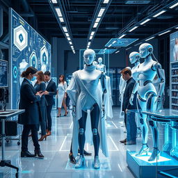 a futuristic fashion design studio with AI-powered tools and robotic mannequins, showcasing a diverse collection of high-tech garments and accessories being created in real-time