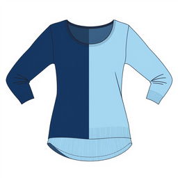 Design a women's top with one half in navy color on the left side and the other half in soft blue on the right side