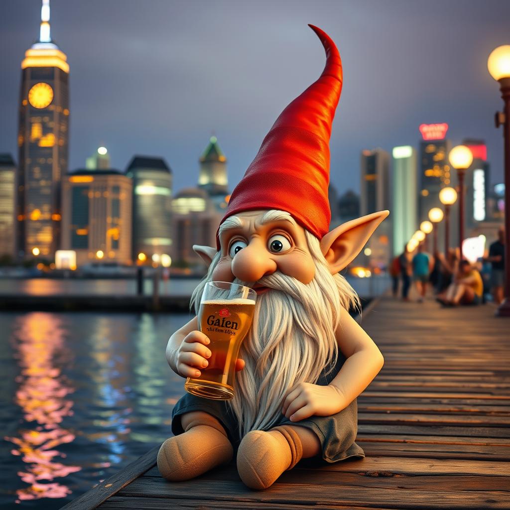 A whimsical gnome with very pointy ears and a small, pointy nose sits on a city pier