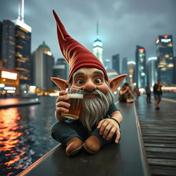 A whimsical gnome with very pointy ears and a small, pointy nose sits on a city pier