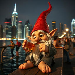 A whimsical gnome with very pointy ears and a small, pointy nose sits on a city pier