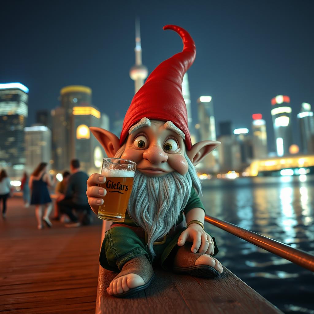 A whimsical gnome with very pointy ears and a small, pointy nose sits on a city pier