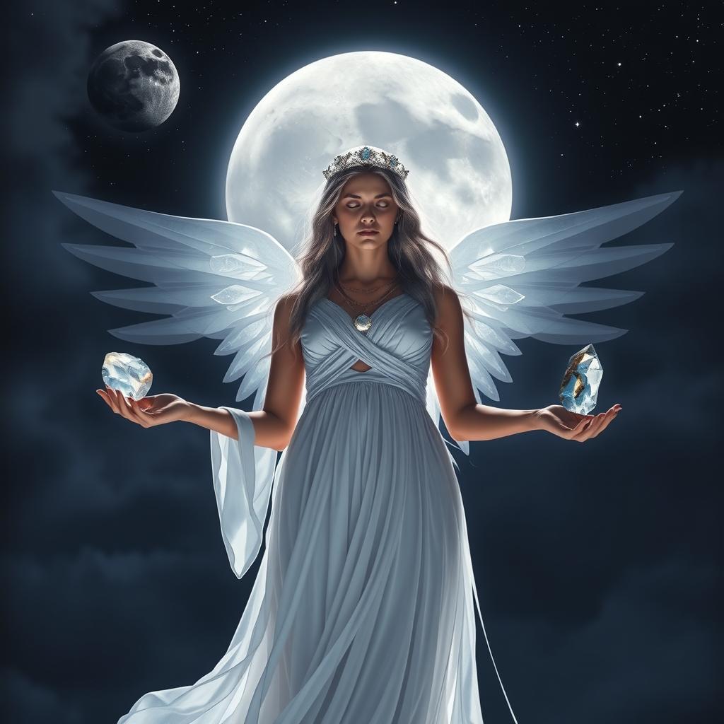 Divine Goddess Selene stands majestically under the cosmic night sky, delicately holding Moonstone, Labradorite, Clear Quartz, and Black Obsidian, each gemstone radiating with celestial energy