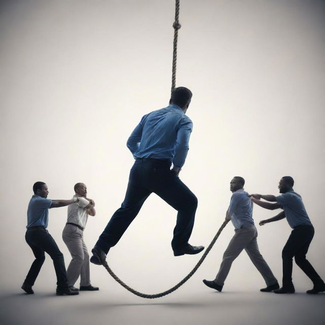 Generate a symbolic image of a courageous person pulling on a mighty rope, at the end of which is a team of people. This represents their determination to lead and guide the group through challenges.