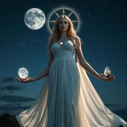 Divine Goddess Selene stands majestically under the cosmic night sky, delicately holding Moonstone, Labradorite, Clear Quartz, and Black Obsidian, each gemstone radiating with celestial energy