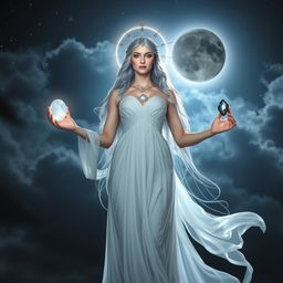 Divine Goddess Selene stands majestically under the cosmic night sky, delicately holding Moonstone, Labradorite, Clear Quartz, and Black Obsidian, each gemstone radiating with celestial energy