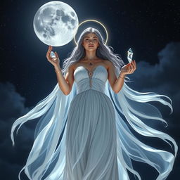 Divine Goddess Selene stands majestically under the cosmic night sky, delicately holding Moonstone, Labradorite, Clear Quartz, and Black Obsidian, each gemstone radiating with celestial energy