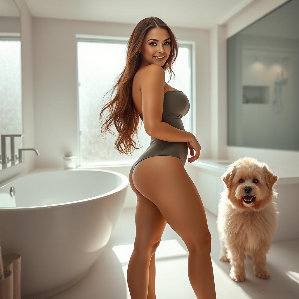 A captivating scene in a modern, elegant bathroom featuring a very attractive young woman with a curvy figure