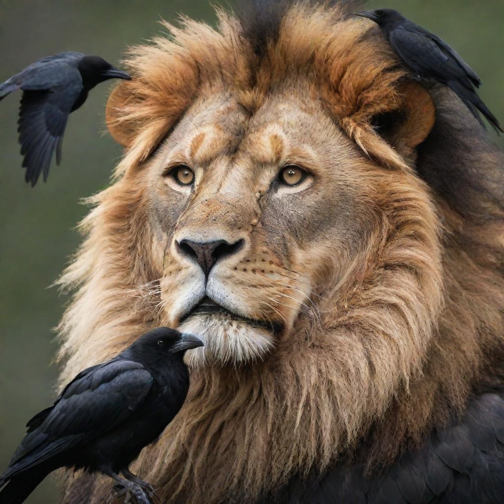 A majestic lion with the innovation of a raven, intertwining elements of fur and feathers, both embodying strength and wisdom