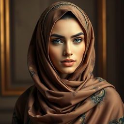 a confident and beautiful woman with an air of mystery, wearing a flowing, luxurious, and intricately designed hijab that complements her features in a captivating way, set against an elegant backdrop that highlights her grace and poise, showcasing the richness and diversity of Middle Eastern fashion and culture