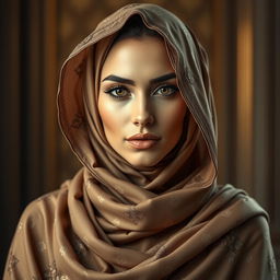 a confident and beautiful woman with an air of mystery, wearing a flowing, luxurious, and intricately designed hijab that complements her features in a captivating way, set against an elegant backdrop that highlights her grace and poise, showcasing the richness and diversity of Middle Eastern fashion and culture