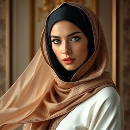 a confident and beautiful woman with an air of mystery, wearing a flowing, luxurious, and intricately designed hijab that complements her features in a captivating way, set against an elegant backdrop that highlights her grace and poise, showcasing the richness and diversity of Middle Eastern fashion and culture