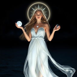 Divine Goddess Selene stands gracefully amidst the tranquil night, holding Moonstone, Labradorite, Clear Quartz, and Black Obsidian, each gem glowing with a mystical light