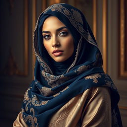 a confident and beautiful woman with an air of mystery, wearing a flowing, luxurious, and intricately designed hijab that complements her features in a captivating way, set against an elegant backdrop that highlights her grace and poise, showcasing the richness and diversity of Middle Eastern fashion and culture