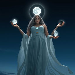 Divine Goddess Selene stands gracefully amidst the tranquil night, holding Moonstone, Labradorite, Clear Quartz, and Black Obsidian, each gem glowing with a mystical light