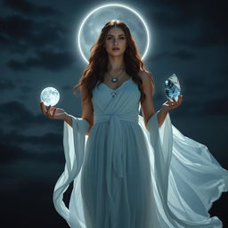 Divine Goddess Selene stands gracefully amidst the tranquil night, holding Moonstone, Labradorite, Clear Quartz, and Black Obsidian, each gem glowing with a mystical light