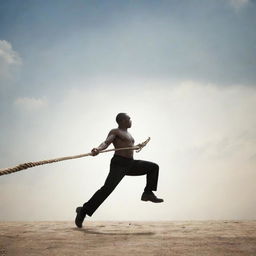 Generate a symbolic image of a courageous person pulling on a mighty rope, at the end of which is a team of people. This represents their determination to lead and guide the group through challenges.