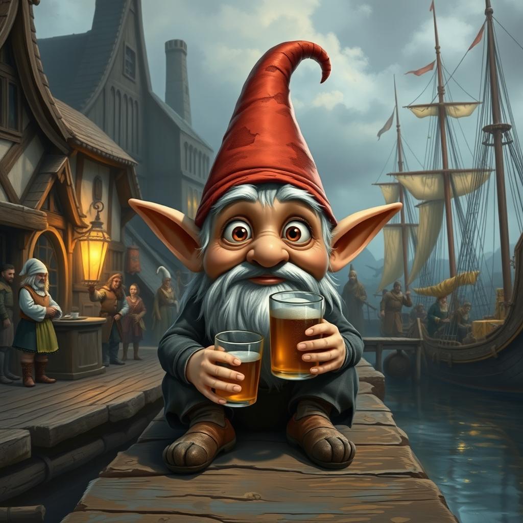 A whimsical gnome without a hat, featuring very pointy ears and a small, pointy nose, sits on a village port pier in a fantasy-medieval world