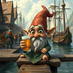 A whimsical gnome without a hat, featuring very pointy ears and a small, pointy nose, sits on a village port pier in a fantasy-medieval world