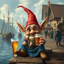 A whimsical gnome without a hat, featuring very pointy ears and a small, pointy nose, sits on a village port pier in a fantasy-medieval world