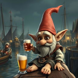 A whimsical gnome without a hat, featuring very pointy ears and a small, pointy nose, sits on a village port pier in a fantasy-medieval world