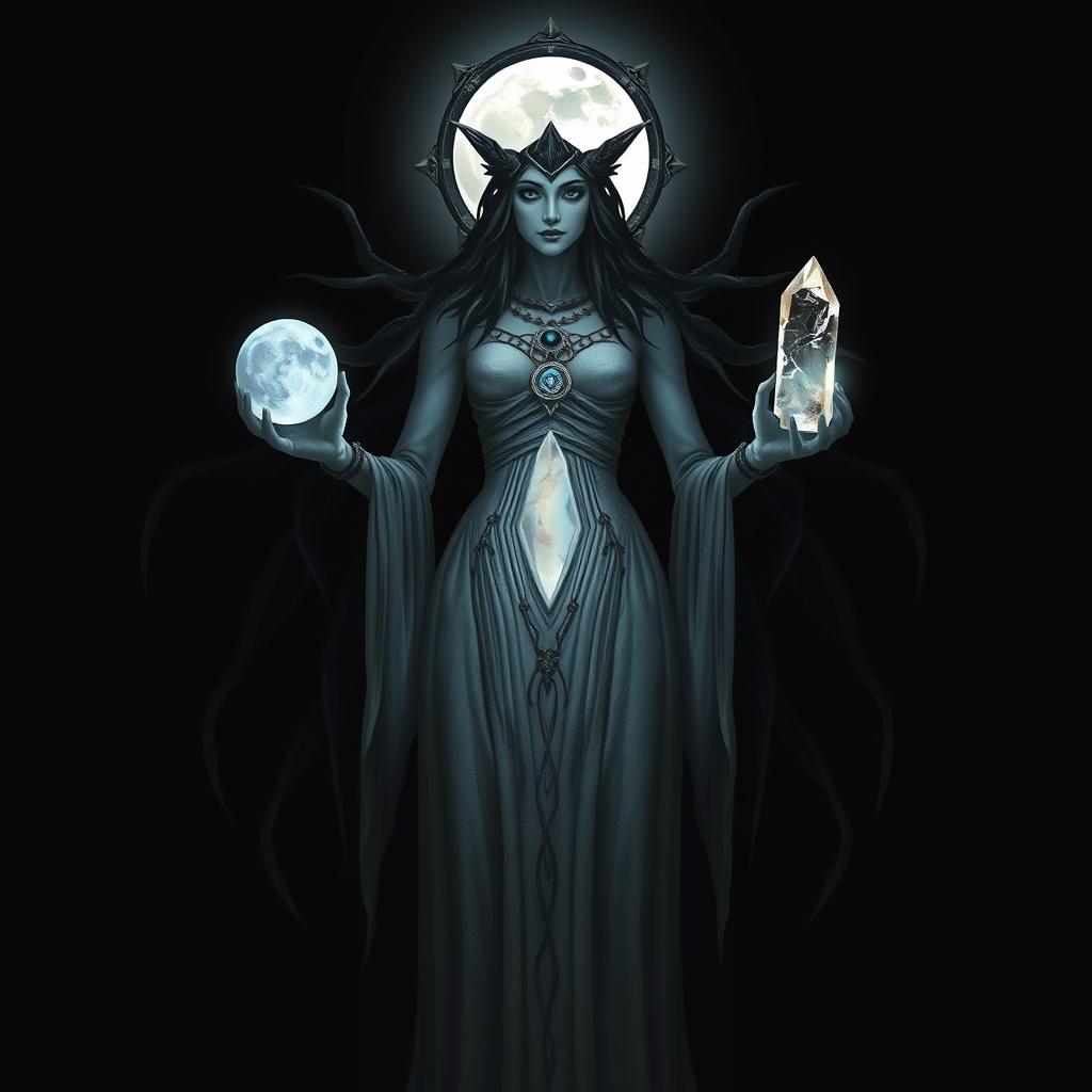 Moon Goddess Hecate, the powerful deity of night and magic, stands amidst the quiet darkness, holding Moonstone, Labradorite, Clear Quartz, and Black Obsidian