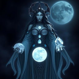 Moon Goddess Hecate, the powerful deity of night and magic, stands amidst the quiet darkness, holding Moonstone, Labradorite, Clear Quartz, and Black Obsidian