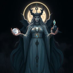 Moon Goddess Hecate, the powerful deity of night and magic, stands amidst the quiet darkness, holding Moonstone, Labradorite, Clear Quartz, and Black Obsidian