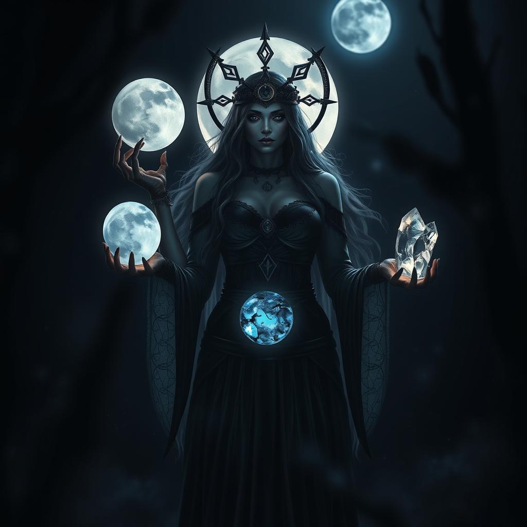 Moon Goddess Hecate, the powerful deity of night and magic, stands amidst the quiet darkness, holding Moonstone, Labradorite, Clear Quartz, and Black Obsidian